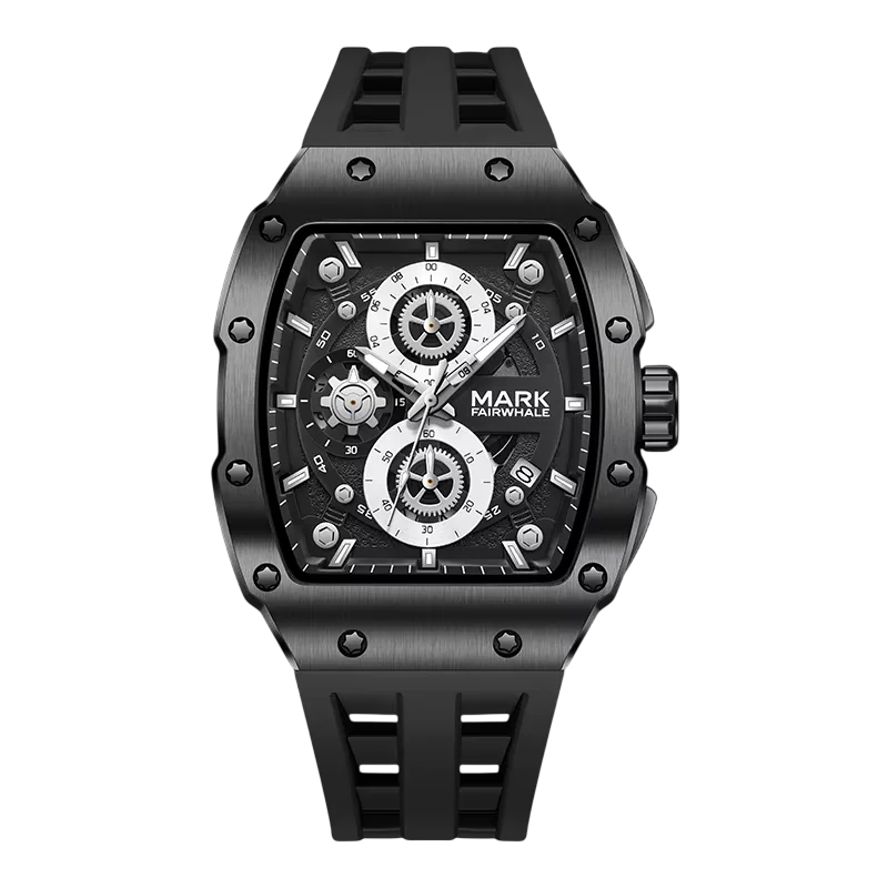 Black wristwatch with detailed face on a white background