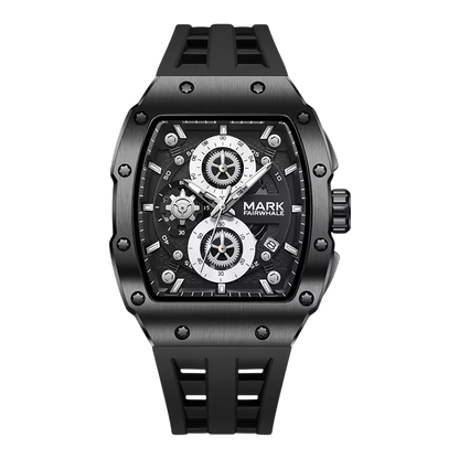 Black wristwatch with detailed face on a white background