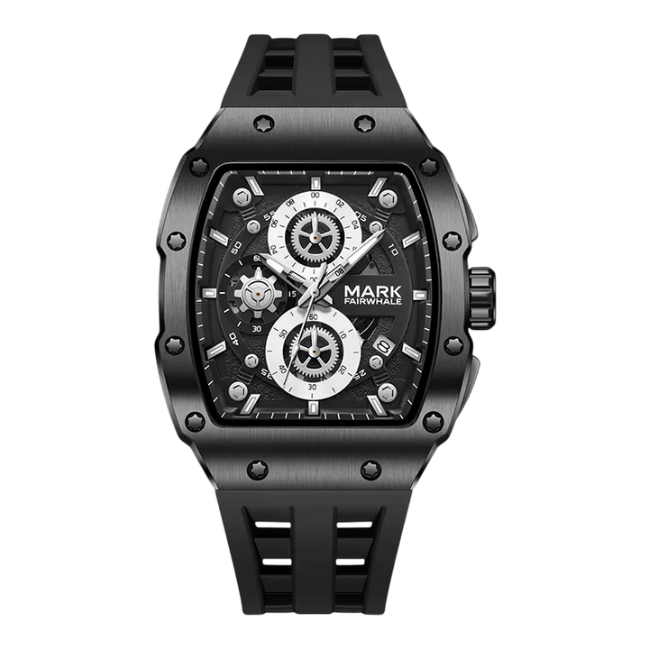 Black wristwatch with detailed face on a white background