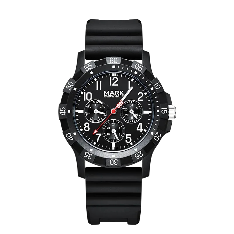 Black wristwatch with detailed face on a white background
