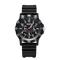 Black wristwatch with detailed face on a white background