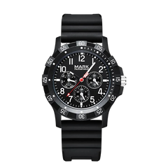 Black wristwatch with detailed face on a white background