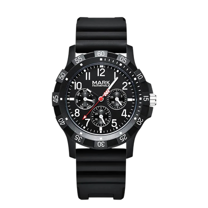 Black wristwatch with detailed face on a white background