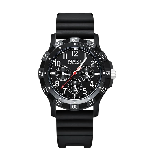 Black wristwatch with detailed face on a white background