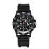 Black wristwatch with detailed face on a white background
