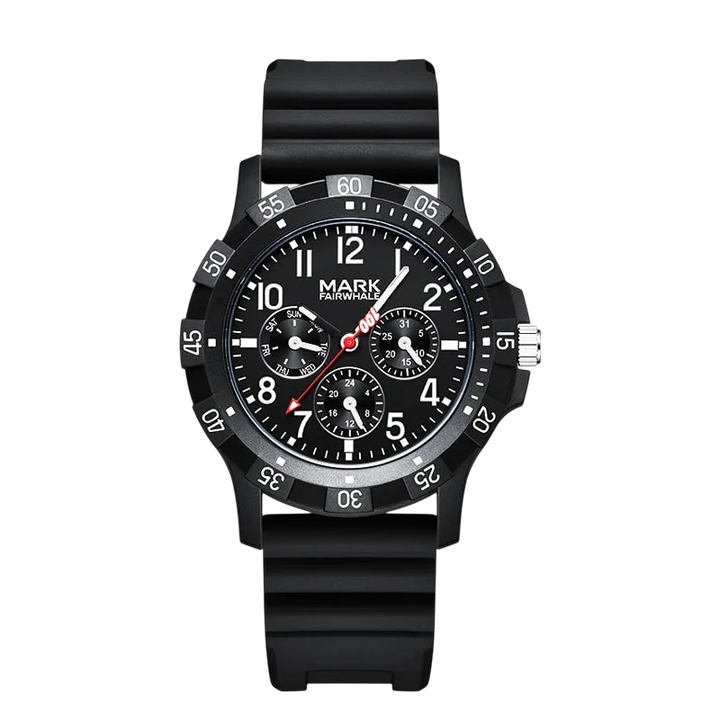 Black wristwatch with detailed face on a white background