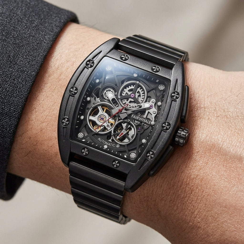 Black wristwatch with intricate design on a person&