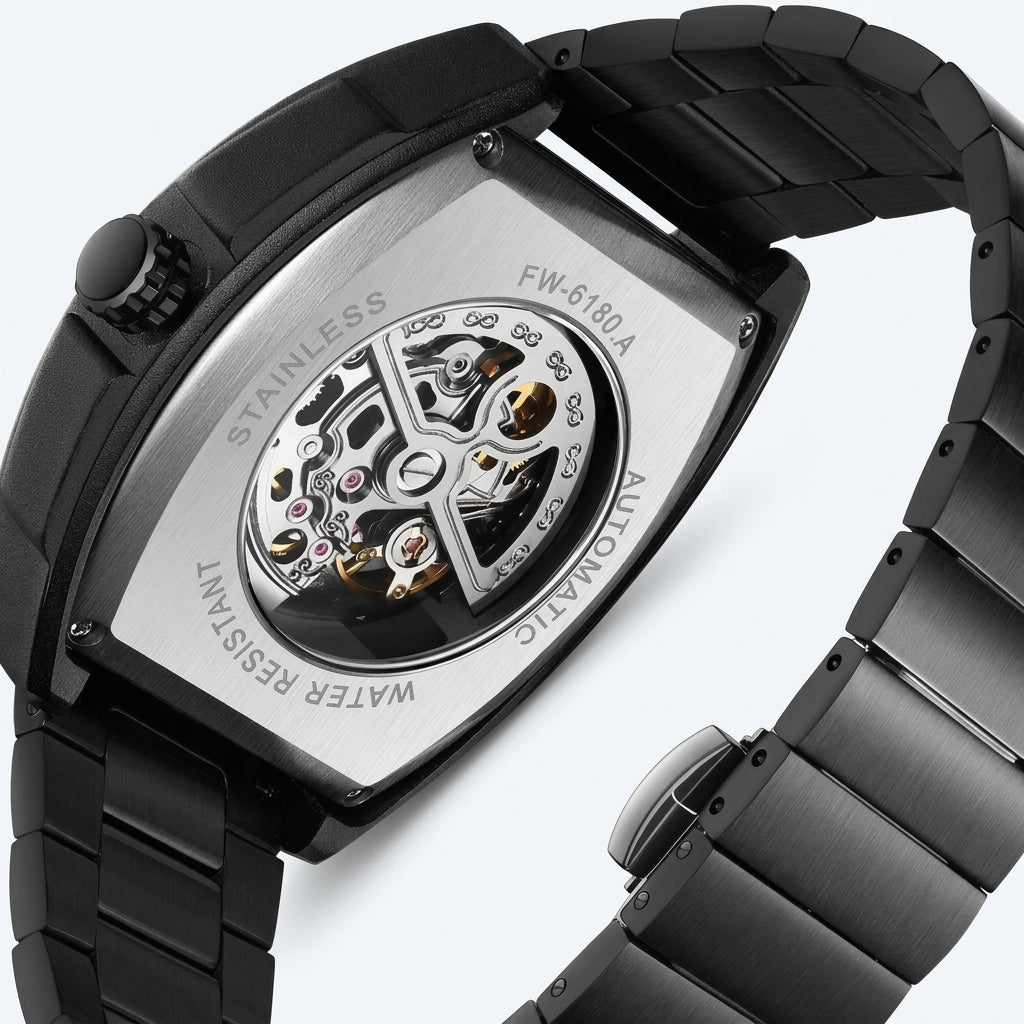 Black wristwatch with mechanical components on a white background