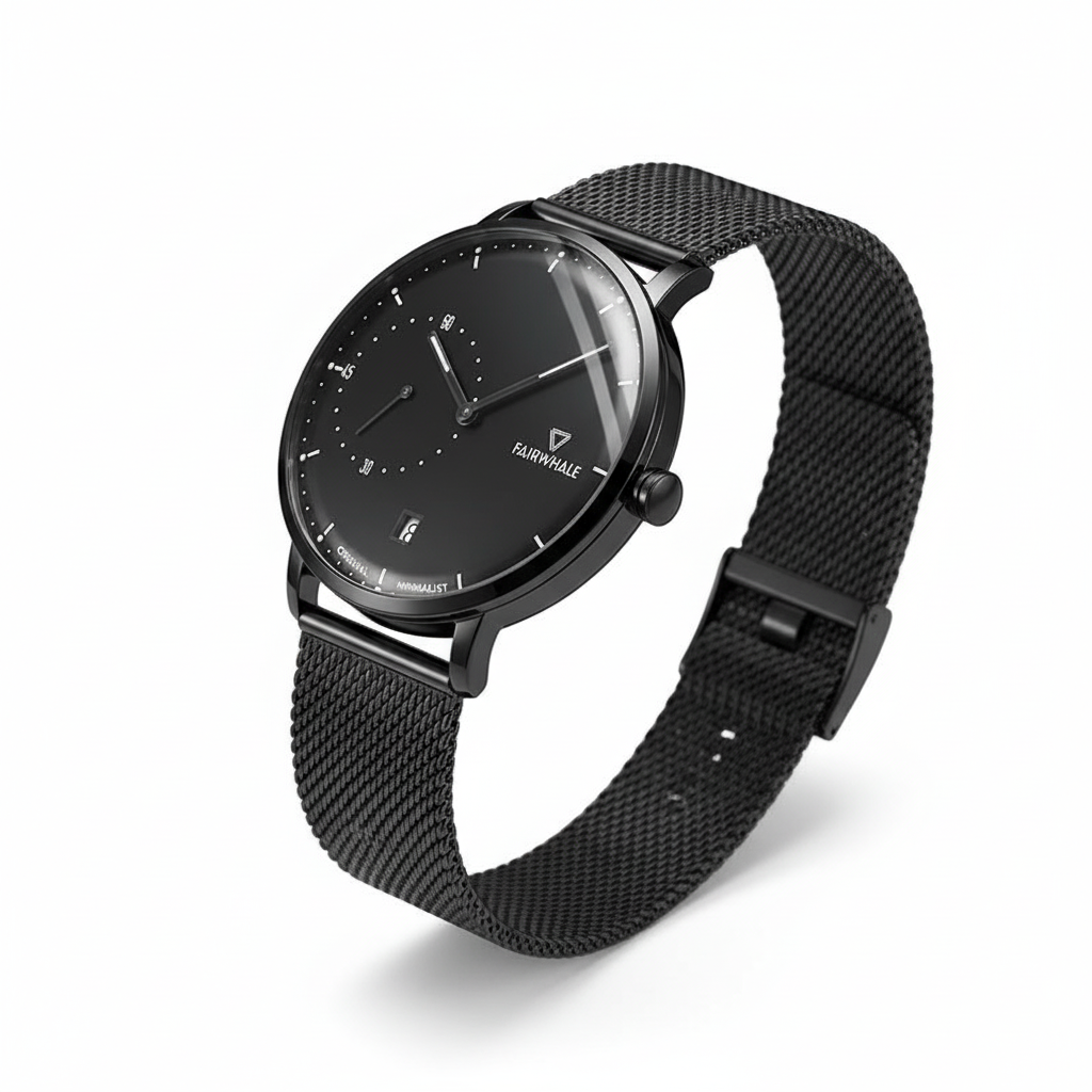 Black wristwatch with mesh band on a white background