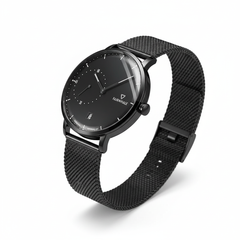 Black wristwatch with mesh band on a white background