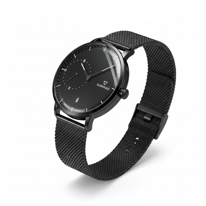 Black wristwatch with mesh band on a white background