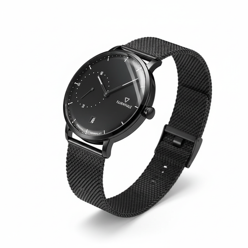 Black wristwatch with mesh band on a white background