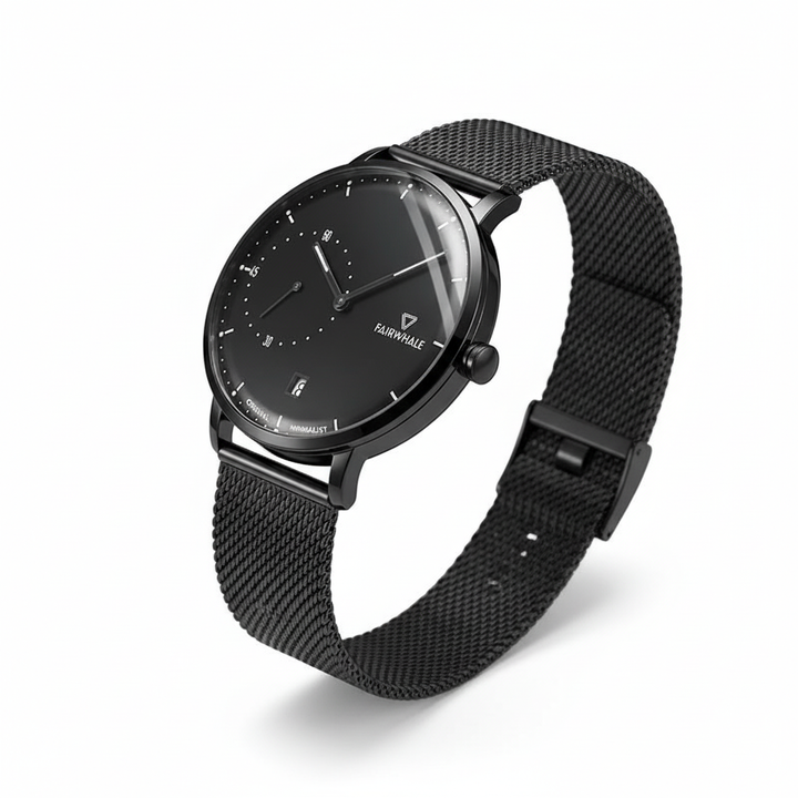 Black wristwatch with mesh band on a white background