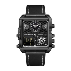 Black wristwatch with multiple time zones on a white background
