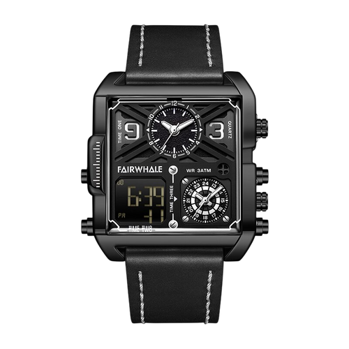 Black wristwatch with multiple time zones on a white background