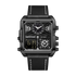 Black wristwatch with multiple time zones on a white background
