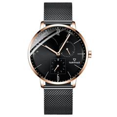 Black wristwatch with rose gold accents on a white background