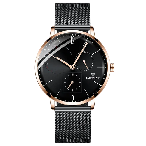 Black wristwatch with rose gold accents on a white background