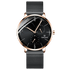 Black wristwatch with rose gold accents on a white background