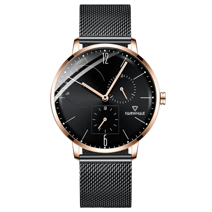 Black wristwatch with rose gold accents on a white background