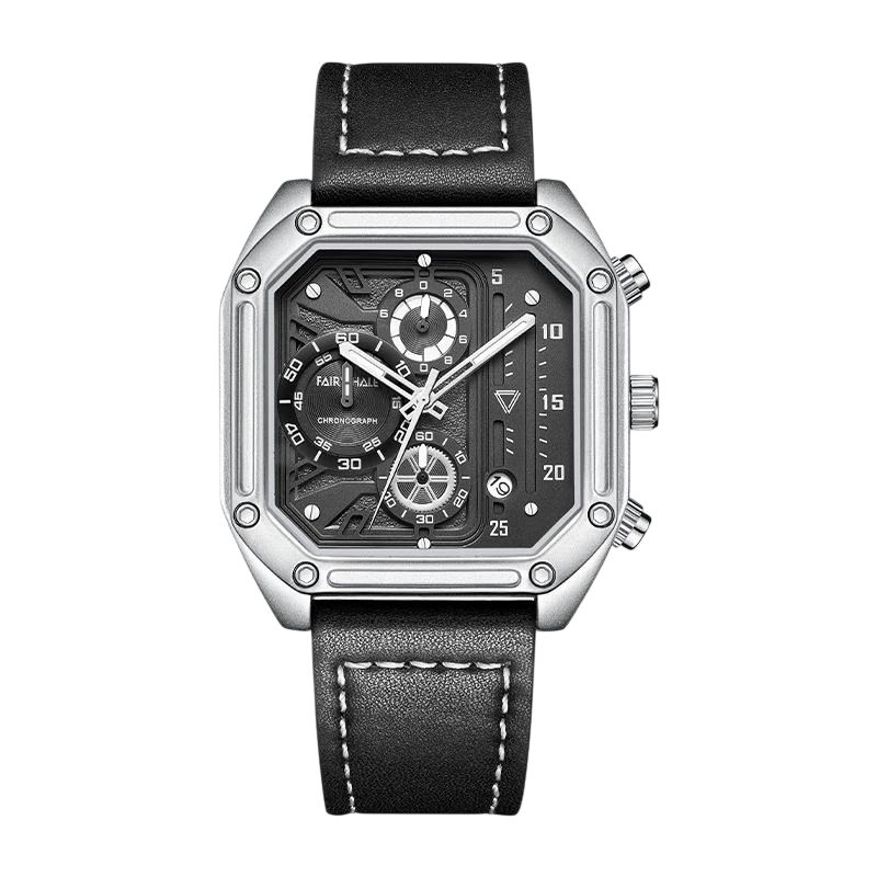 Black wristwatch with silver case and black leather strap on a white background