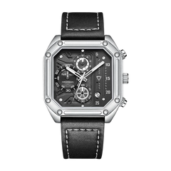 Black wristwatch with silver case and black leather strap on a white background