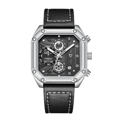 Black wristwatch with silver case and black leather strap on a white background