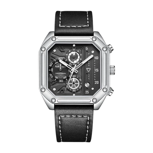 Black wristwatch with silver case and black leather strap on a white background