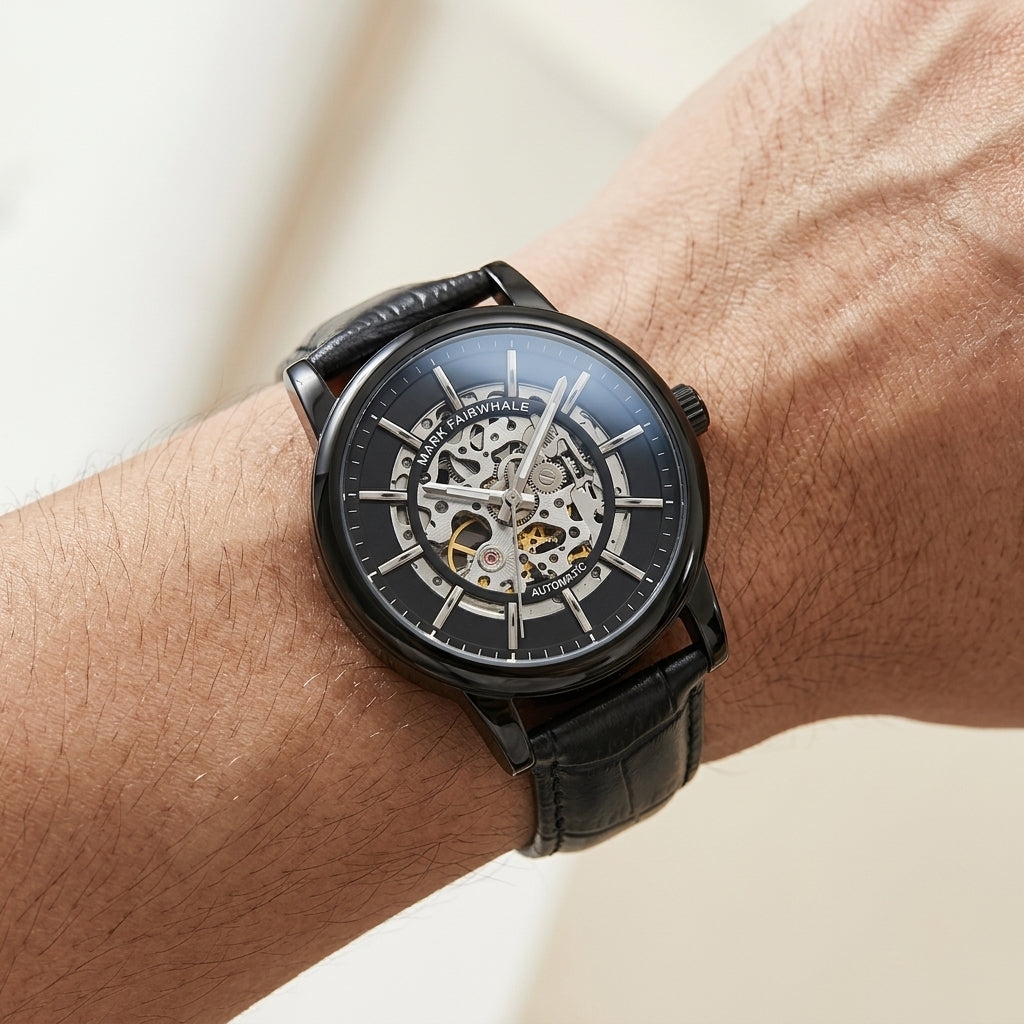 Black wristwatch with visible mechanical components on a wrist against a neutral background