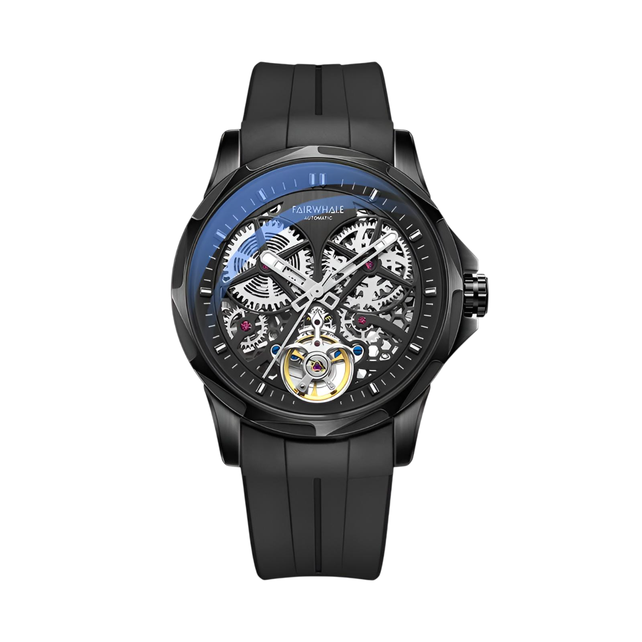 Black wristwatch with visible mechanical components on a white background