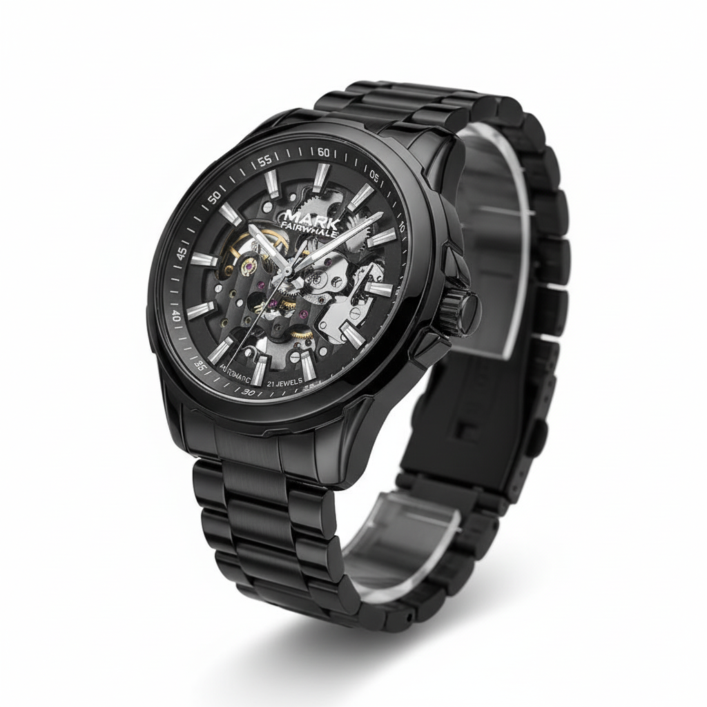Black wristwatch with visible brand name on a white background