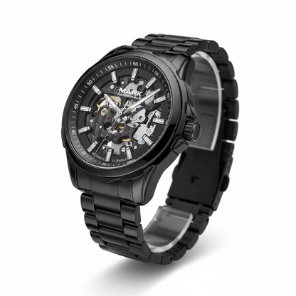 Black wristwatch with visible brand name on a white background