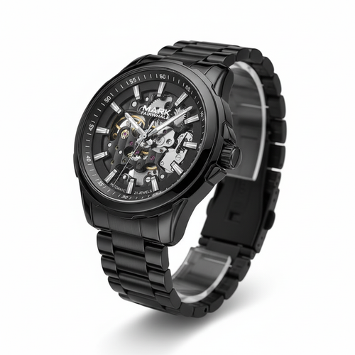 Black wristwatch with visible brand name on a white background