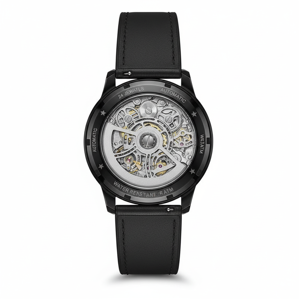Black wristwatch with visible mechanical components on a white background