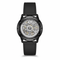 Black wristwatch with visible mechanical components on a white background