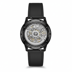 Black wristwatch with visible mechanical components on a white background