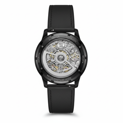 Black wristwatch with visible mechanical components on a white background
