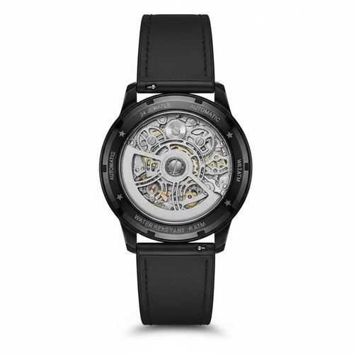 Black wristwatch with visible mechanical components on a white background