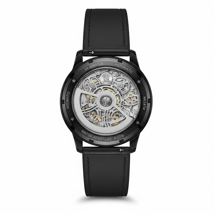 Black wristwatch with visible mechanical components on a white background
