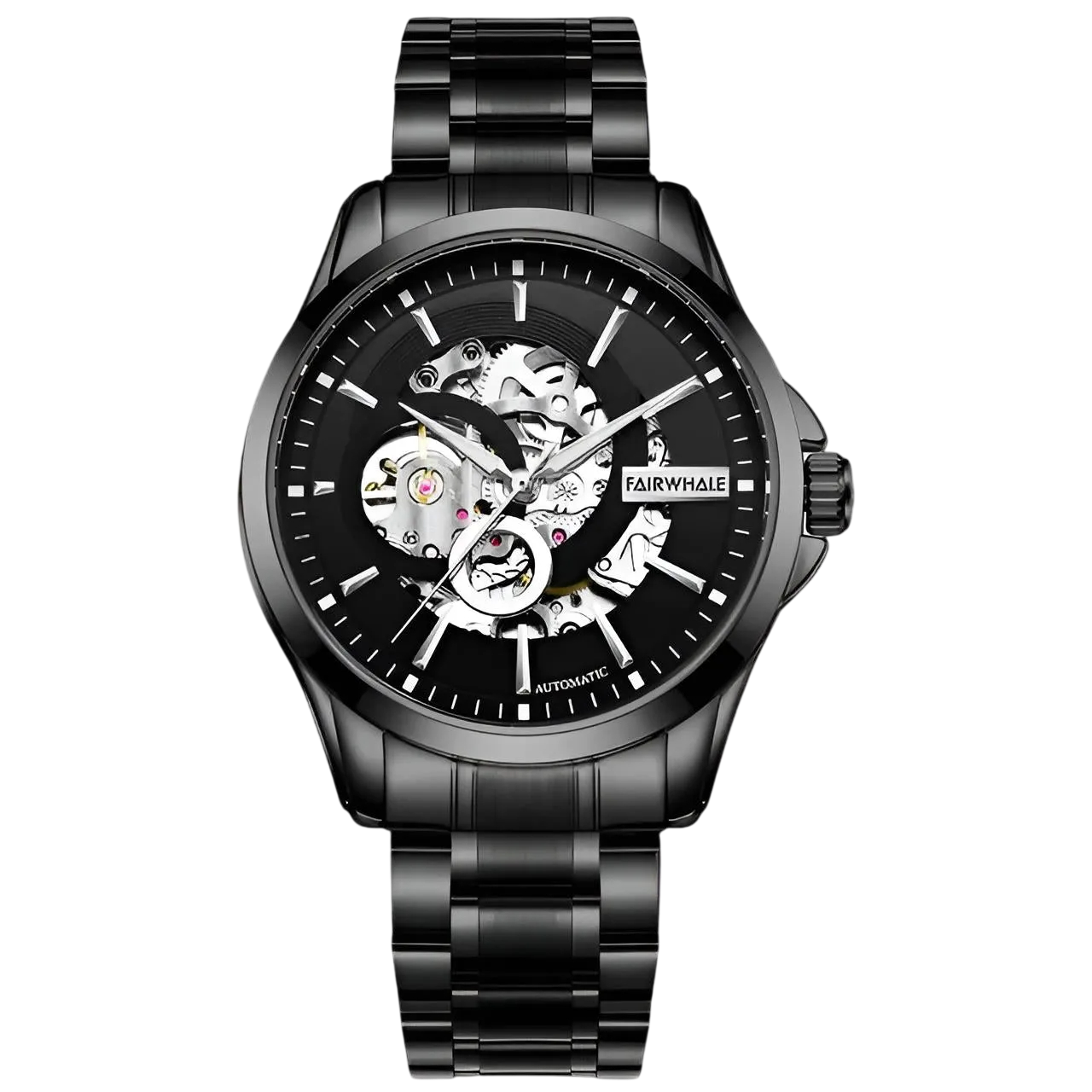 Black wristwatch with visible mechanism on a white background