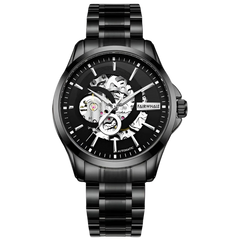 Black wristwatch with visible mechanism on a white background