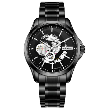 Black wristwatch with visible mechanism on a white background