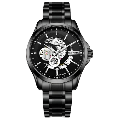 Black wristwatch with visible mechanism on a white background