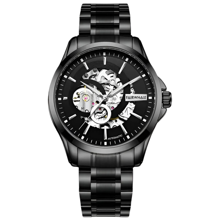 Black wristwatch with visible mechanism on a white background