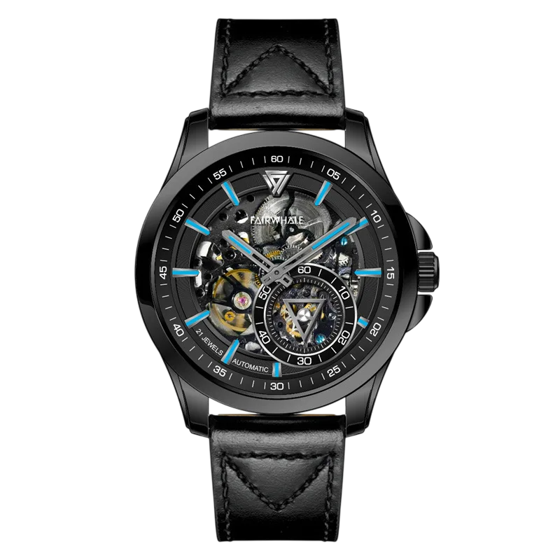 Black wristwatch with visible mechanical components on a white background