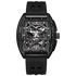 Black wristwatch with a detailed face on a white background