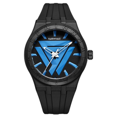Black wristwatch with blue face and 'FAIRWHALE' branding on a white background