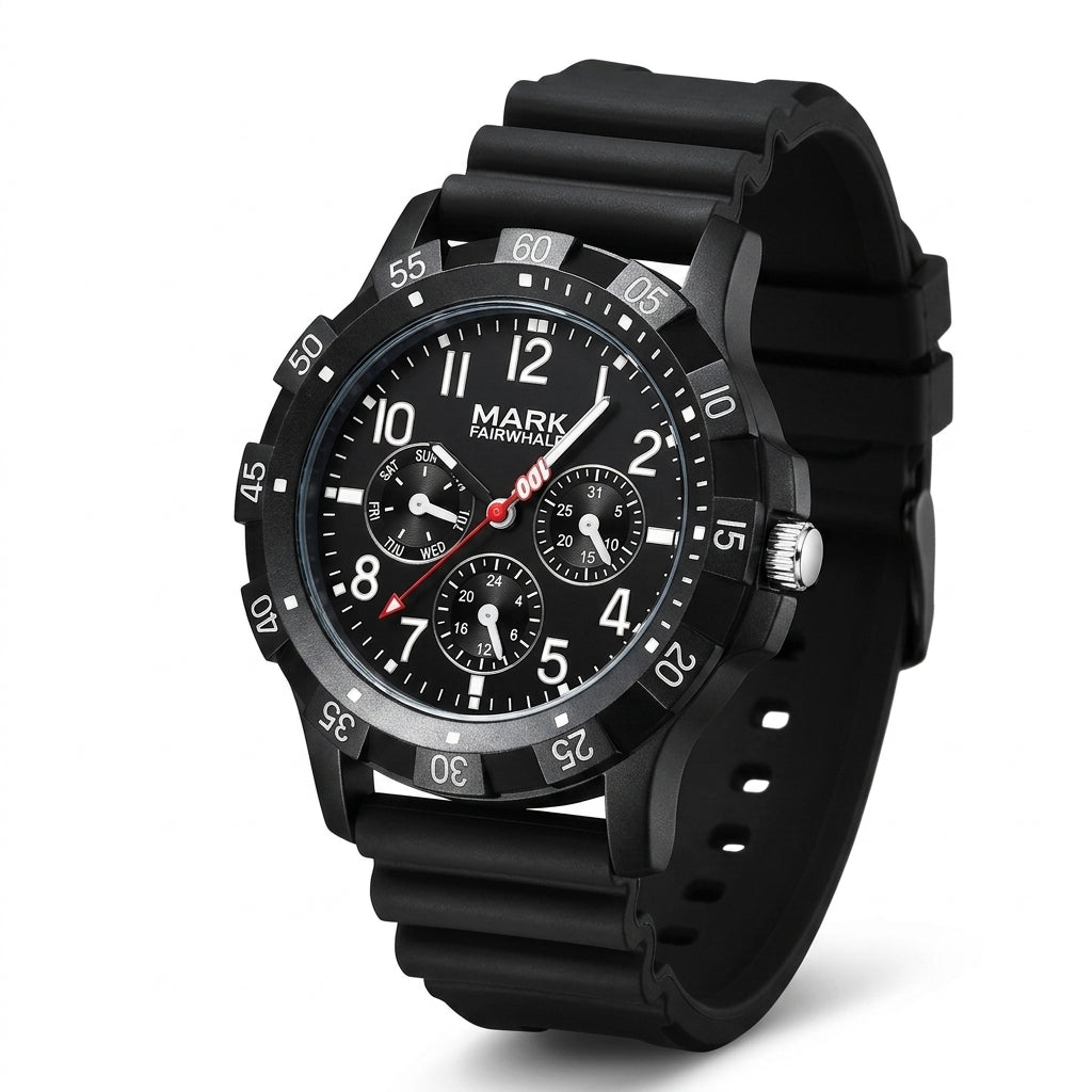 Black wristwatch with detailed face on a white background