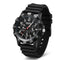 Black wristwatch with detailed face on a white background