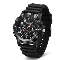 Black wristwatch with detailed face on a white background
